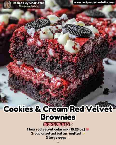 Cookies & Cream Red Velvet Brownies These brownies are a delightful twist on a classic dessert, comb...