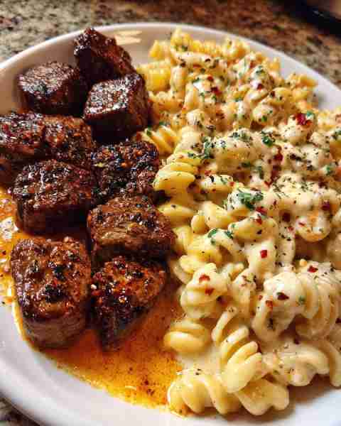 Garlic Butter Steak Tips with Cheesy Rotini in Mozzarella Sauce Ingredients: 1 ½ lbs sirloin or ribe...