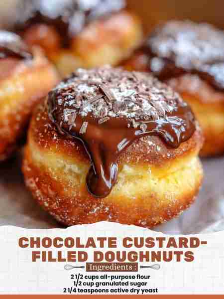 Chocolate Custard-Filled Doughnuts Ingredients: 2 1/2 cups all-purpose flour 1/2 cup granulated suga...