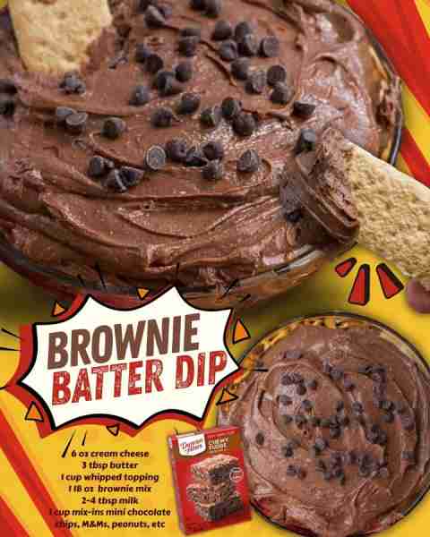 BROWNIE BATTER DIP! Quick and easy no bake dessert 😍 6 oz cream cheese 3 tbsp butter 1 cup whipped...
