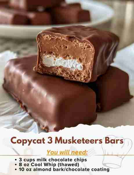 Copycat 3 Musketeers Bars Ingredients: - 3 cups milk chocolate chips - 8 oz Cool Whip (thawed) - 10...