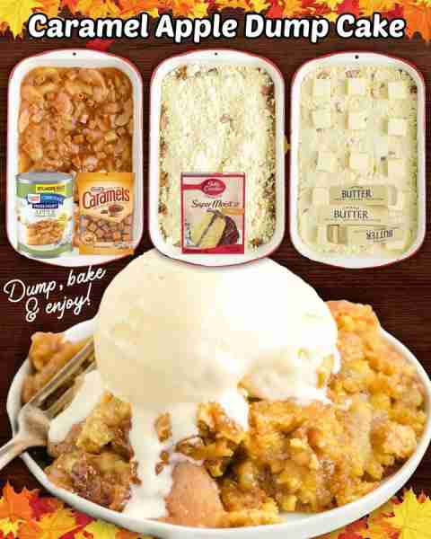 CARAMEL APPLE DUMP CAKE! 2 cans apple pie filling ¼ tsp allspice ¼ tsp cinnamon 10.8 oz bag Werther’...