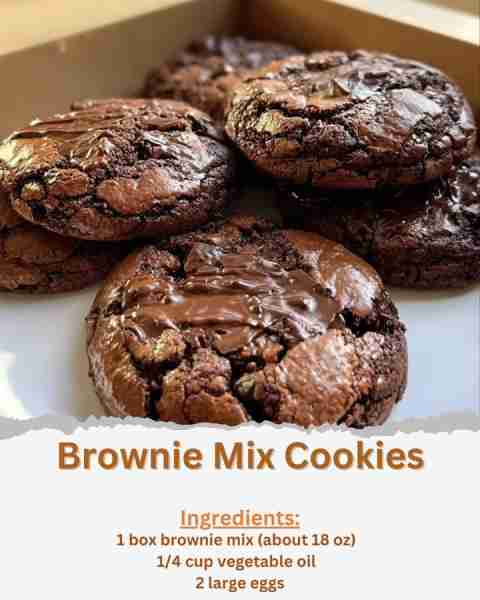 Brownie Mix Cookies Ingredients: - 1 box brownie mix (about 18 oz) - 1/4 cup vegetable oil - 2 large...