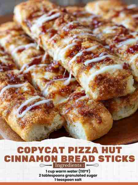 Copycat Pizza Hut Cinnamon Bread Sticks Ingredients: 1 cup warm water (110°F) 2 tablespoons granulat...