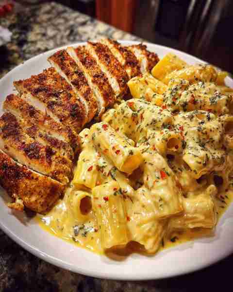 Garlic Butter Four-Cheese Chicken with Creamy Rigatoni Sauce Ingredients: 1 ½ lbs boneless, skinless...