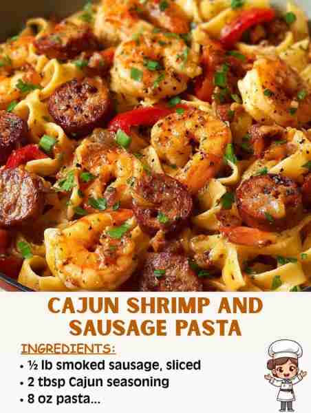 🍤🌶️ Cajun Shrimp and Sausage Pasta 🛒 Ingredients 8 oz pasta (penne or fettuccine) ½ lb shrimp, pee...