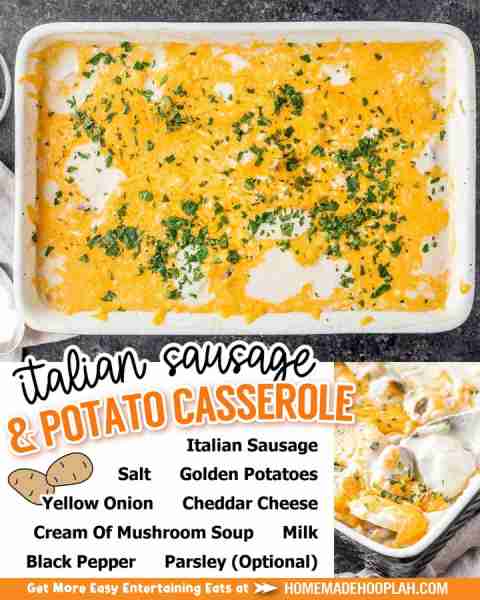 A creamy casserole made with potatoes, cheese, and savory Italian sausage, all cooked in a tasty whi...