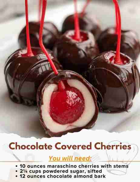 Chocolate Covered Cherries Ingredients: - 10 ounces maraschino cherries with stems, drained and patt...