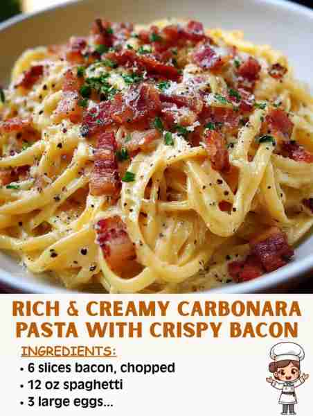 🥓🍝 Rich & Creamy Carbonara Pasta with Crispy Bacon 🛒 Ingredients 12 oz spaghetti (or your favorit...