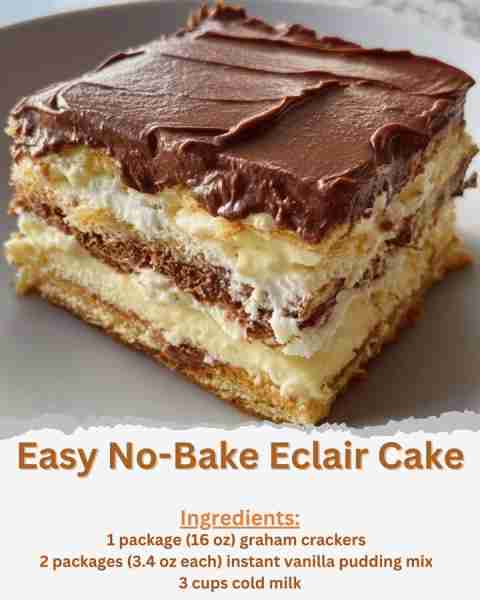 Easy No-Bake Eclair Cake Ingredients: - 1 package (16 oz) graham crackers - 2 packages (3.4 oz each)...