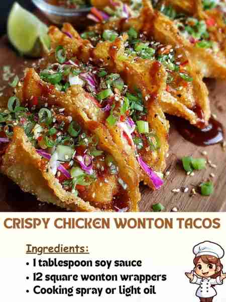 Crispy Chicken Wonton Tacos Ingredients: 1 tablespoon soy sauce 12 square wonton wrappers Cooking sp...