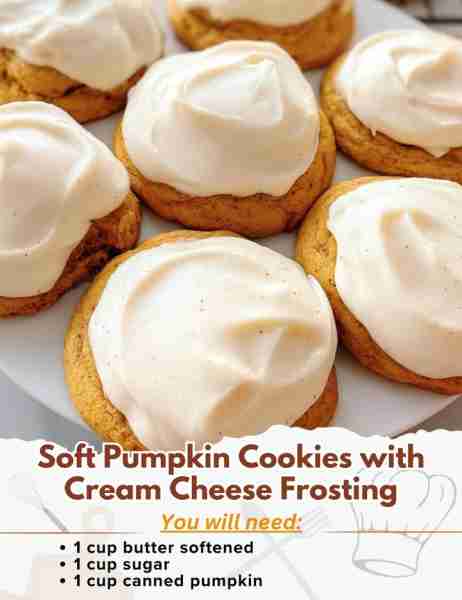 Soft Pumpkin Cookies with Cream Cheese Frosting Ingredients: Pumpkin Cookie Ingredients: - 1 cup but...