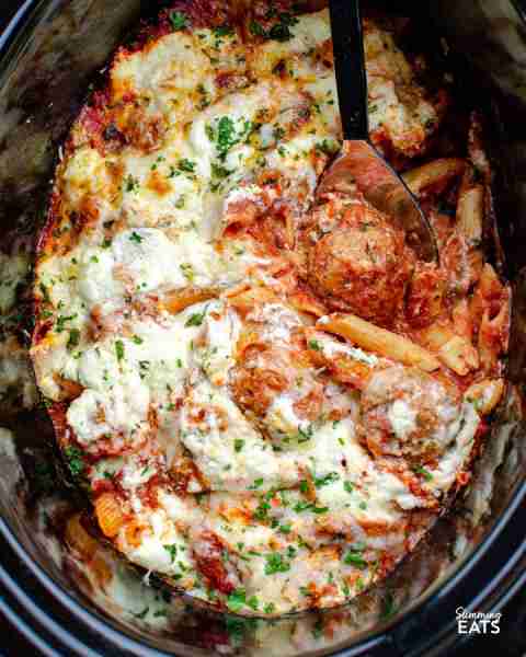 Slow Cooker Chicken Meatball Pasta Bake – a delicious recipe for easy tender chicken meatballs, comb...