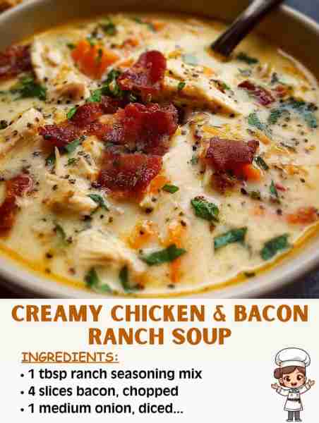 🍲🥓 Creamy Chicken & Bacon Ranch Soup 🛒 Ingredients 4 slices bacon, chopped 2 cups cooked chicken,...