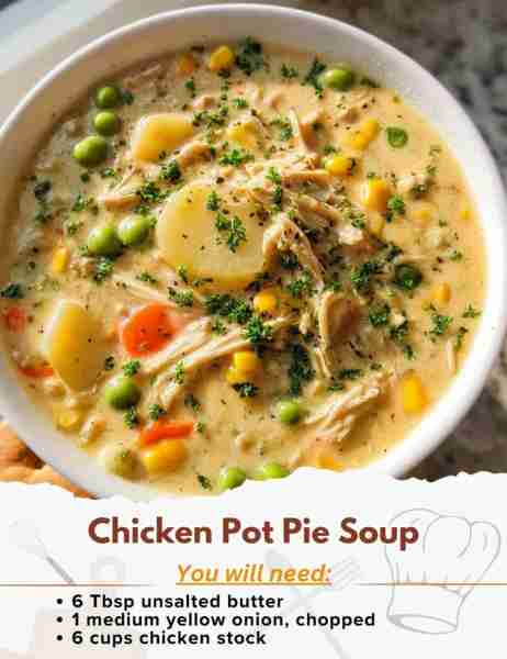 Chicken Pot Pie Soup Ingredients: - 6 Tbsp unsalted butter - 1 medium yellow onion, chopped (about 1...