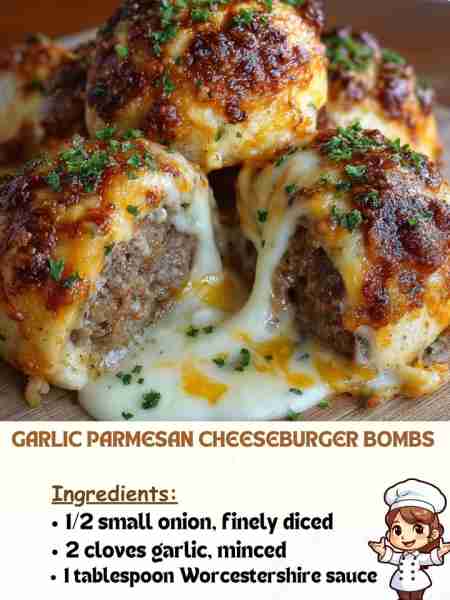 Garlic Parmesan Cheeseburger Bombs Ingredients ½ small onion, finely diced 2 cloves garlic, minced 1...