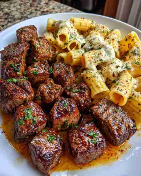 Garlic Butter Steak Tips with Cheesy Rigatoni in Mozzarella Sauce Ingredients: 1 ½ lbs sirloin or ri...