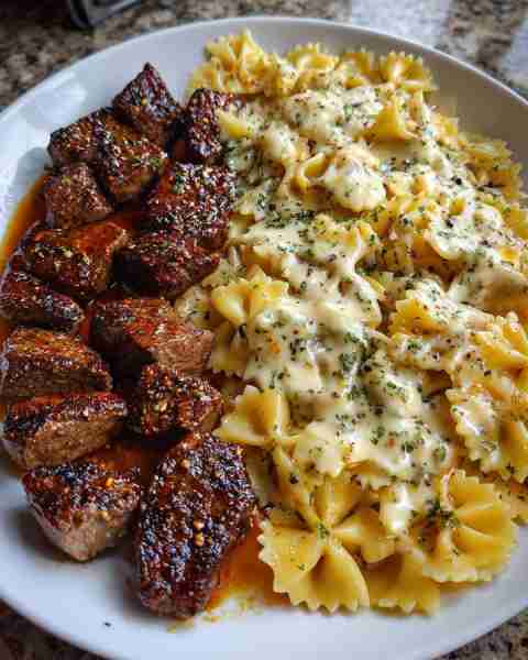 Garlic Butter Steak Tips with Cheesy Bowtie Pasta in Mozzarella Sauce Ingredients: 1 ½ lbs sirloin o...