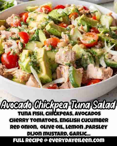 Enjoy an easy salad full of flavor Avocado Chickpea Tuna Salad. Recipe link below.