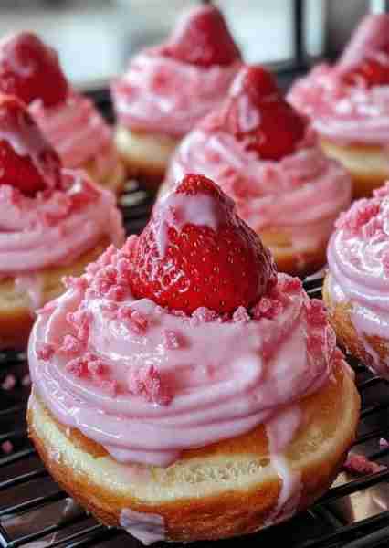 🍓🍩 𝑺𝙩𝒓𝙖𝒘𝙗𝒆𝙧𝒓𝙮 𝘾𝒉𝙚𝒆𝙨𝒆𝙘𝒂𝙠𝒆 𝑺𝙩𝒖𝙛𝒇𝙚𝒅 𝑫𝙤𝒏𝙪𝒕𝙨 🍰✨ 📋 Ingredients: 🍩 For the Donuts: 2 1/2 cups all-pur...