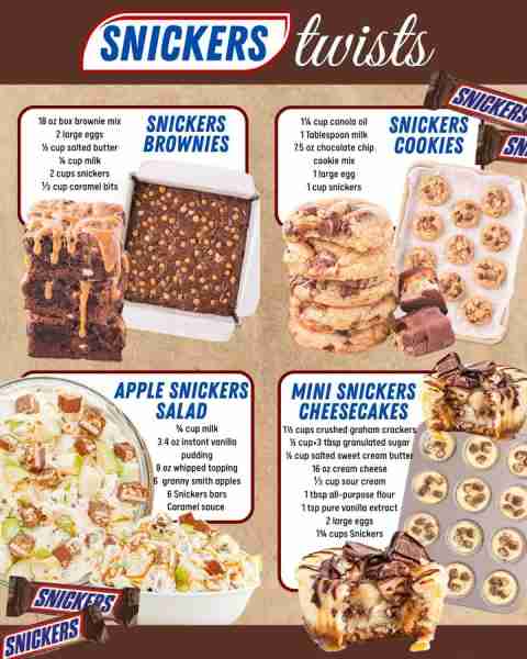 4 SNICKERS TWISTS: SNICKERS BROWNIES: 18 oz box brownie mix 2 large eggs ½ cup salted butter ¼ cup m...