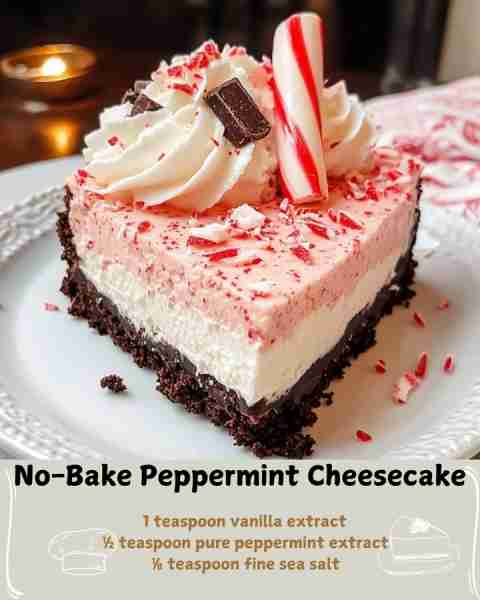 🍃 No-Bake Peppermint Cheesecake 🍫 Ingredients: For the Crust: 1 ½ cups (150g) chocolate cookie cru...