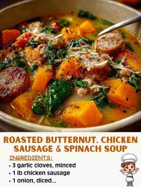 🍲 Roasted Butternut, Chicken Sausage & Spinach Soup 🛒 Ingredients 1 medium butternut squash, peele...