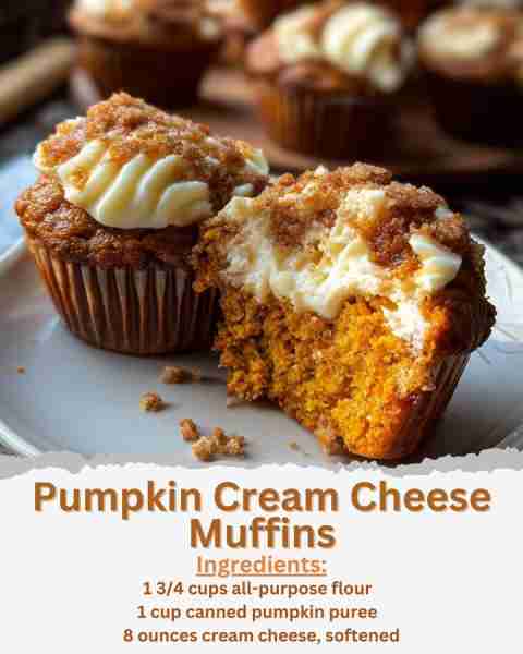 Pumpkin Cream Cheese Muffins Ingredients: - 1 3/4 cups all-purpose flour - 1 teaspoon baking powder...