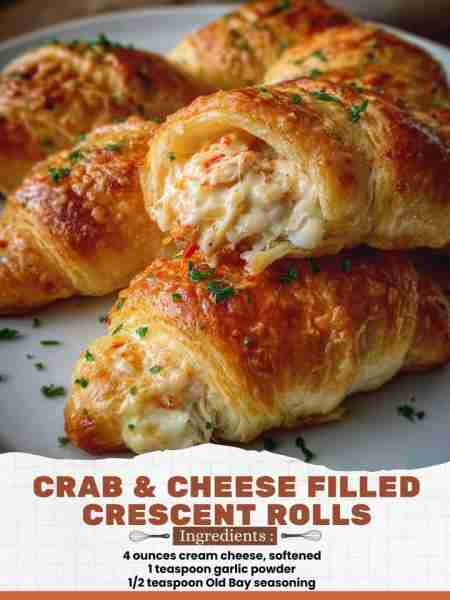 Crab & Cheese Filled Crescent Rolls Ingredients: 4 ounces cream cheese, softened 1 teaspoon garlic p...