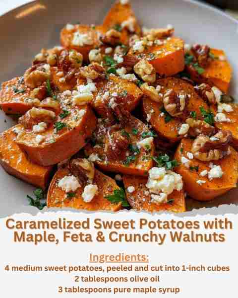 Caramelized Sweet Potatoes with Maple, Feta & Crunchy Walnuts Ingredients: - 4 medium sweet potatoes...