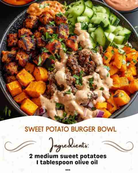 Sweet Potato Burger Bowl Ingredients: 2 medium sweet potatoes, peeled and diced into 1-inch cubes 1...