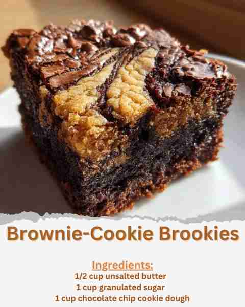 Brownie-Cookie Brookies Ingredients: - 1/2 cup unsalted butter - 1 cup granulated sugar - 2 large eg...