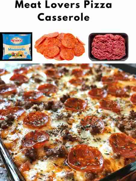Meat Lovers Pizza Casserole Ingredients: - 1 pound ground beef - 1 onion, diced - 1 green bell peppe...