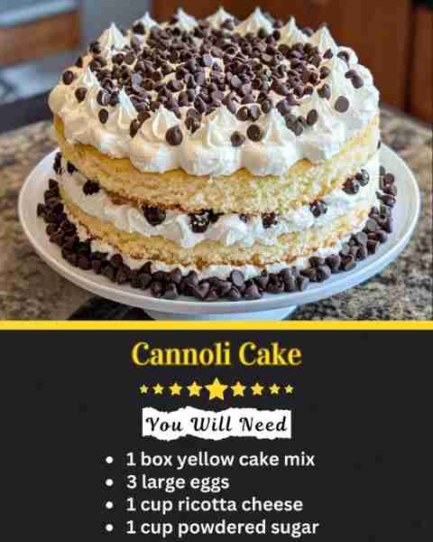 Cannoli Cake 📋 Ingredients • 1 box yellow cake mix • 3 large eggs • 1 cup ricotta cheese • 1 cup po...