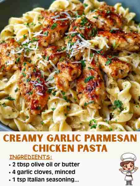 🧄🍗 Creamy Garlic Parmesan Chicken Pasta 🛒 Ingredients 2 tbsp olive oil or butter 1 lb chicken bre...