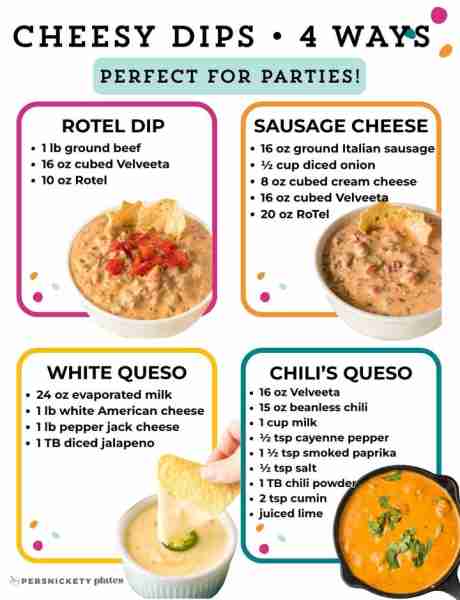 FOUR Cheesy Dips - which is your favorite? 🧀💃🏻 ROTEL DIP 1 lb ground beef 16 oz cubed Velveeta 10...