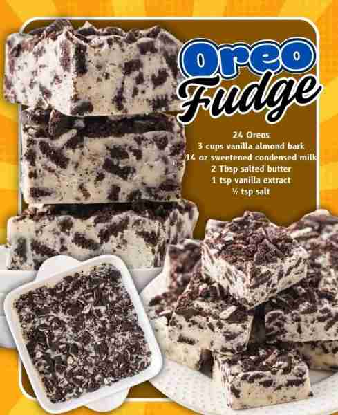 OREO FUDGE! 24 Oreos 3 cups vanilla almond bark 14 oz sweetened condensed milk 2 Tbsp salted butter...
