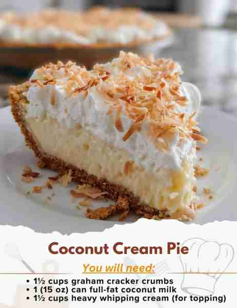 Coconut Cream Pie Ingredients: For the Crust: - 1½ cups graham cracker crumbs (about 10 sheets) - ¼...