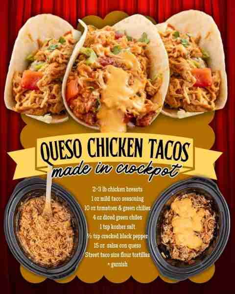 SLOW COOKER QUESO CHICKEN TACOS!🌮 2-3 lb chicken breasts 1 oz taco seasoning 10 oz can tomatoes & g...