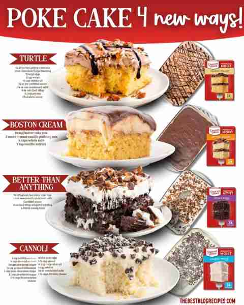 Poke Cakes Made Easy with Boxed Mix 🎂🧁 1️⃣ TURTLE POKE CAKE 15.25 oz yellow cake mix 3 eggs 1 cup...