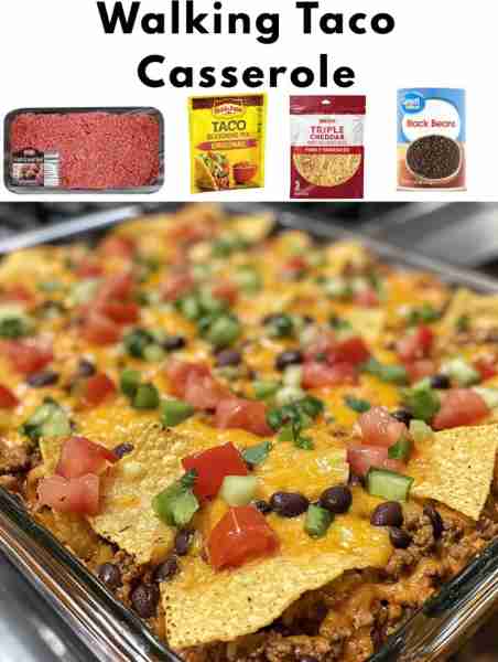 Walking Taco Casserole Ingredients: - 1 pound ground beef - 1 packet taco seasoning - 1 can (10 ounc...