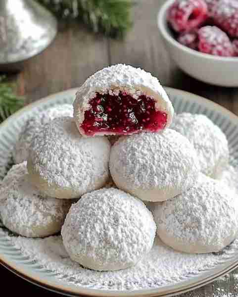 Raspberry-Filled Almond Snow Cookies🍪❤️ Ingredients: 1 cup unsalted butter, softened 1/2 cup powder...