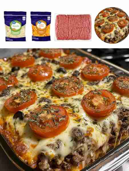 Ultimate Cheesy Pizza Burger Bake Ingredients: - 1 pound ground beef - 1 onion, chopped - 1 bell pep...