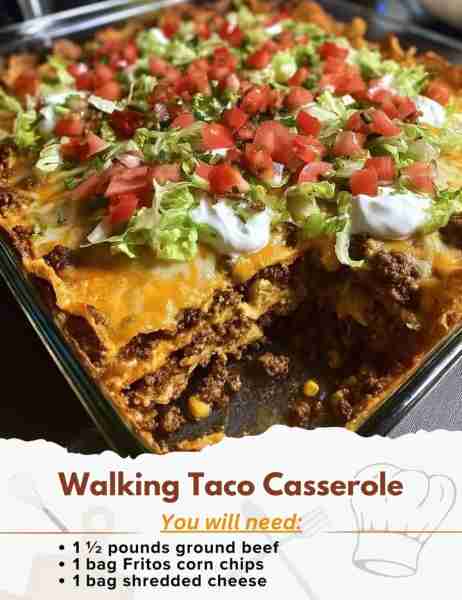 Walking Taco Casserole Ingredients: - 1 1⁄2 pounds ground beef - 1⁄3 large onion, chopped - 1 can (s...