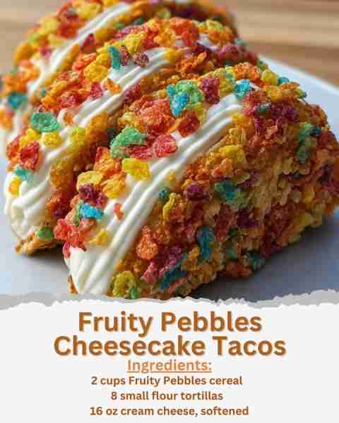 Fruity Pebbles Cheesecake Tacos Ingredients: - 2 cups Fruity Pebbles cereal - 8 small flour tortilla...