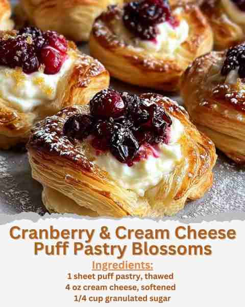 Cranberry & Cream Cheese Puff Pastry Blossoms Ingredients: - 1 sheet puff pastry, thawed - 4 oz crea...