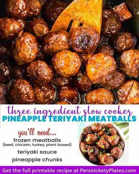 Recipe below ---> Slow Cooker Pineapple Teriyaki Meatballs - only THREE ingredients!