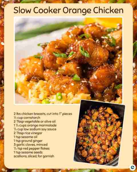 CROCKPOT ORANGE CHICKEN 🧡 2 lbs chicken breasts, cut into 1" pieces 🧡 ⅓ cup cornstarch 🧡 2 Tbsp v...
