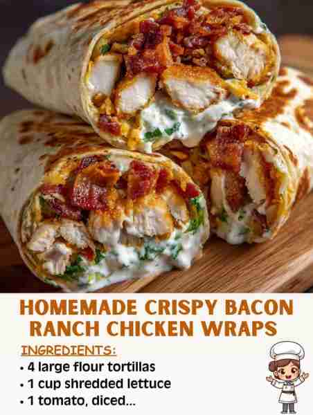 🌯🥓 Homemade Crispy Bacon Ranch Chicken Wraps 🍗🥗✨ Ingredients 4 large flour tortillas 2 cups coo...