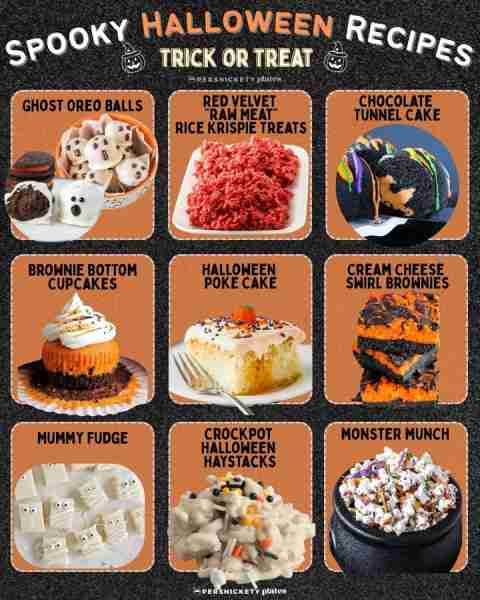 Over 30 Halloween desserts including... 🎃 Ghost Oreo Balls 👻 "Raw Meat" Rice Krispies 💀 Chocolate...